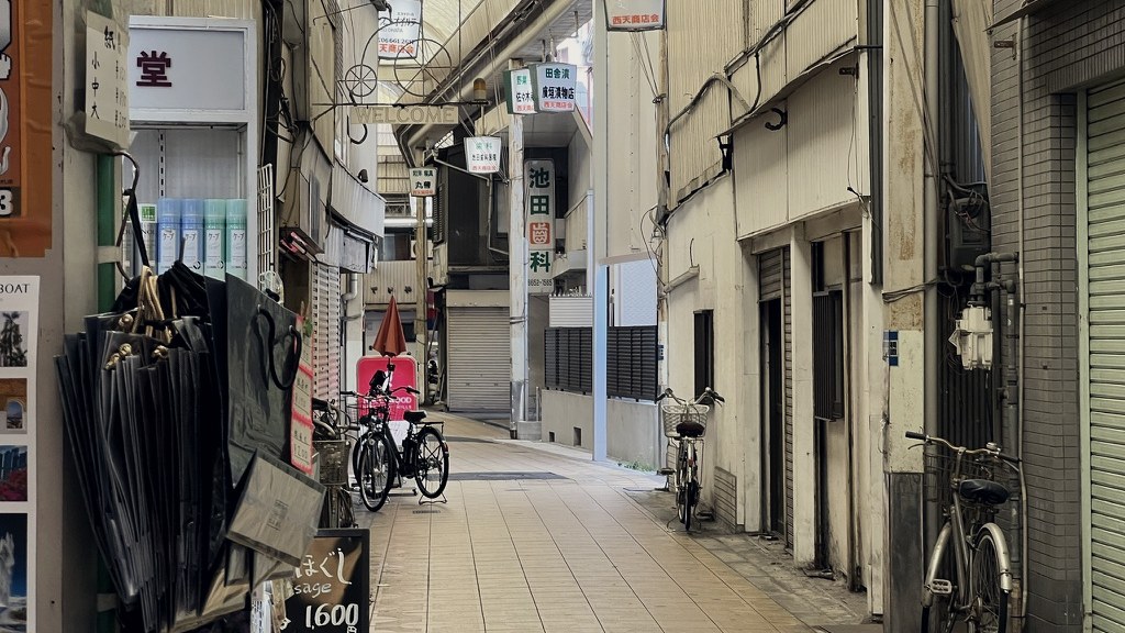 A quiet covered shopping street with bicycles parked along the shutters